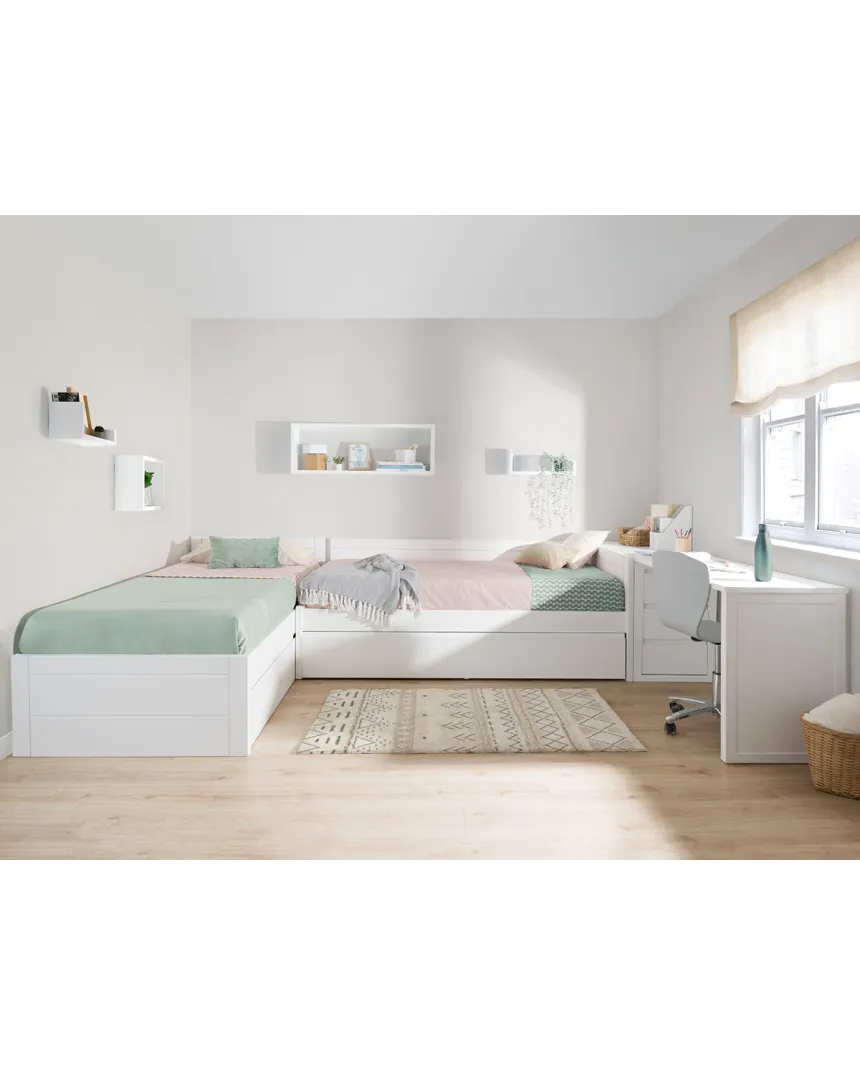 Lits Enfants en L avec Bureau et Rangements