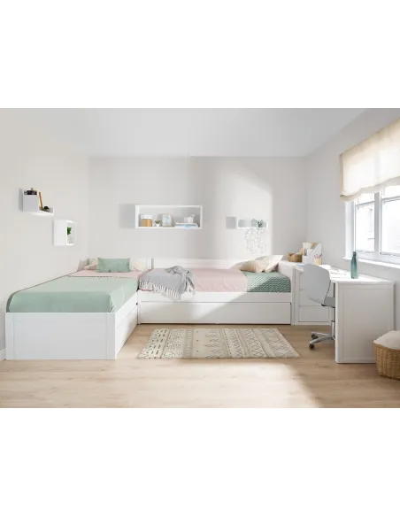 Lits Enfants en L avec Bureau et Rangements
