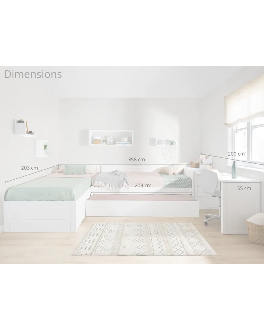 Dimensions pack Lits Enfants en L avec Bureau et Rangements