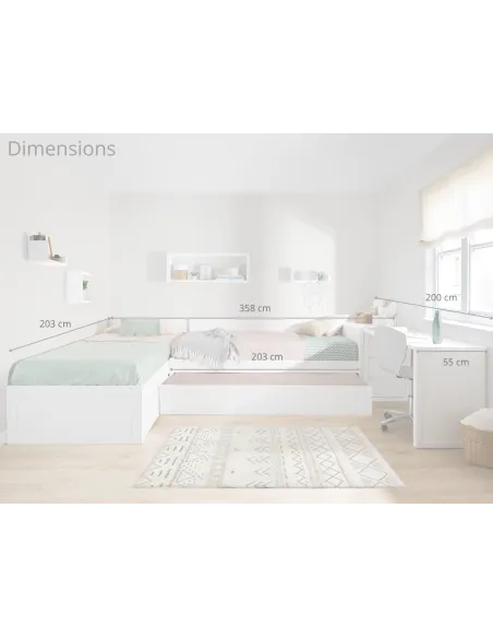 Dimensions pack Lits Enfants en L avec Bureau et Rangements