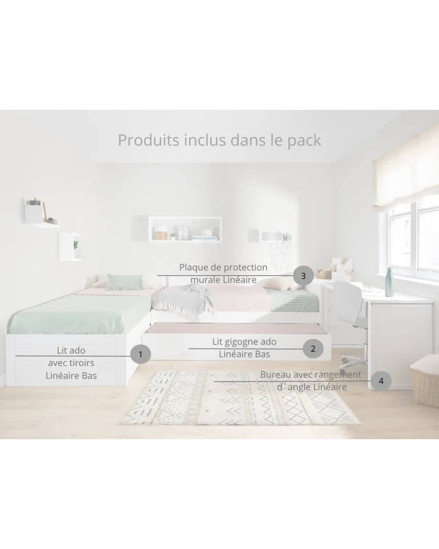 Lits Enfants en L avec Bureau et Rangements - Pack complet
