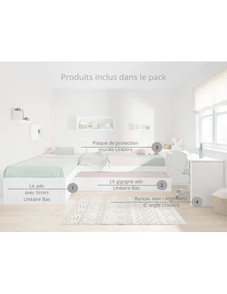 Lits Enfants en L avec Bureau et Rangements - Pack complet