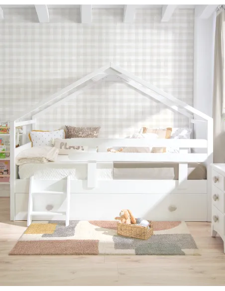 Lit gigogne cabane blanc toit avec barrière et échelle