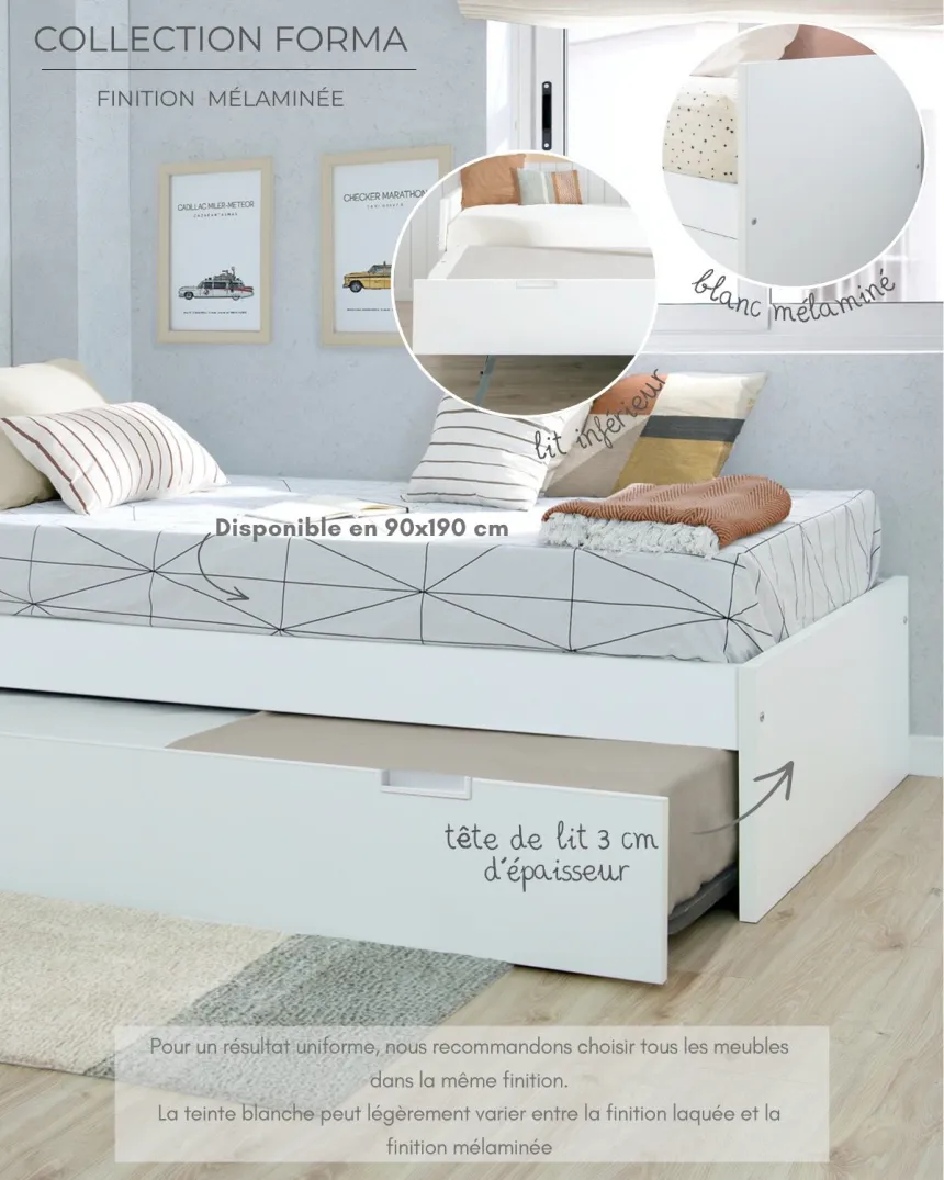 Lit gigogne blanc mélaminé 90x190 - Pied bas  - Livraison rapide 2