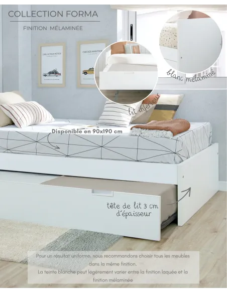 Lit gigogne blanc mélaminé 90x190 - Pied bas  - Livraison rapide
