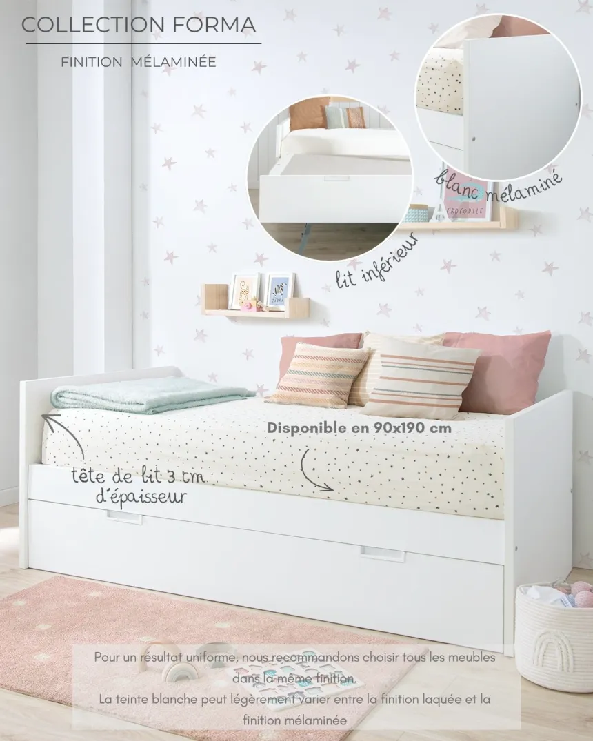 Lit gigogne blanc mélaminé en 90x190 pour enfant - Livraison rapide