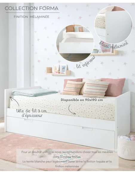 Lit gigogne blanc mélaminé en 90x190 pour enfant - Livraison rapide