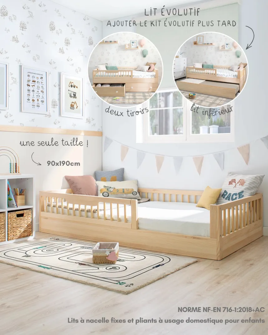 Lit montessori évolutif Sofia Naturel 90x190 cm | Livraison rapide 2
