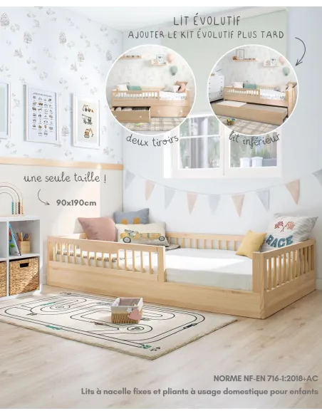 Lit montessori évolutif Sofia Naturel 90x190 cm | Livraison rapide