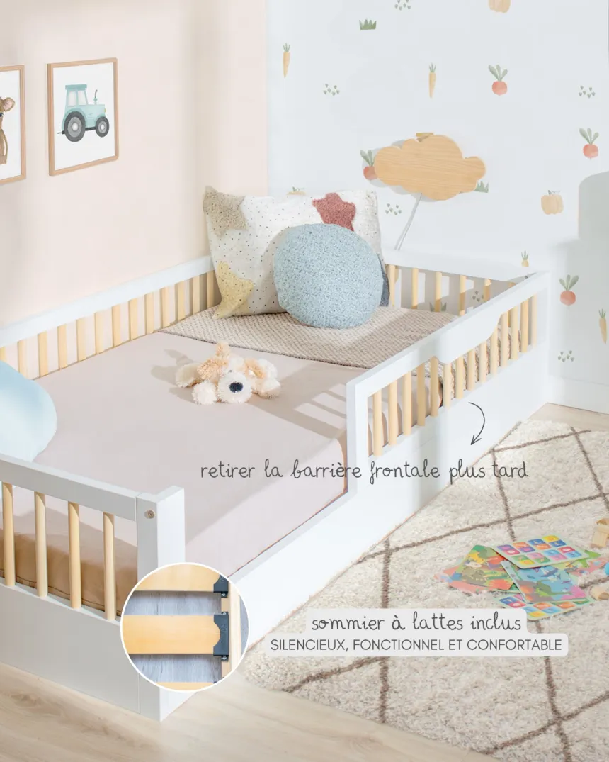Lit montessori évolutif avec barrière Sofia Blanc - Livraison rapide
