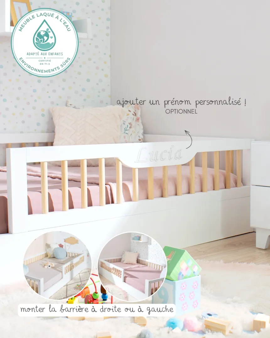 Lit montessori évolutif avec barrière Sofia Blanc - Livraison rapide