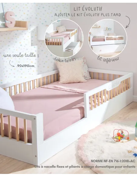 Lit montessori évolutif avec barrière Sofia Blanc - Livraison rapide