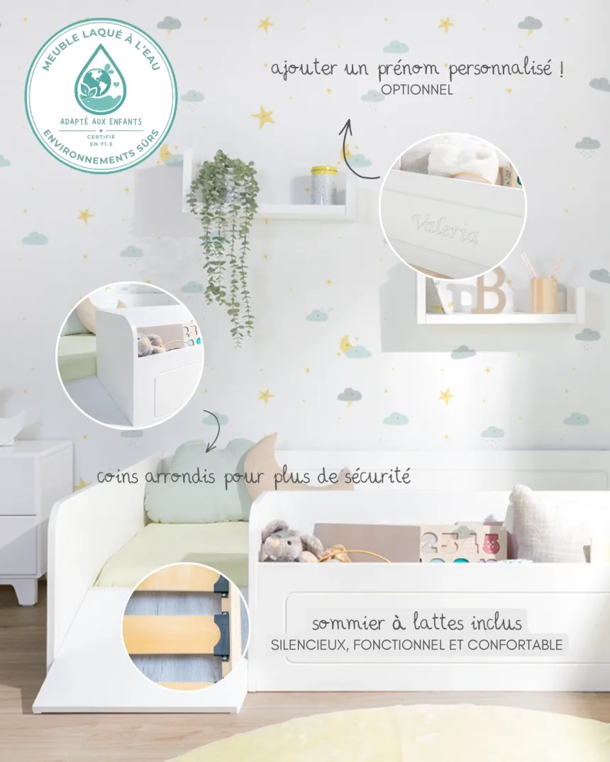 Lit montessori avec rangement et rampe - Livraison rapide