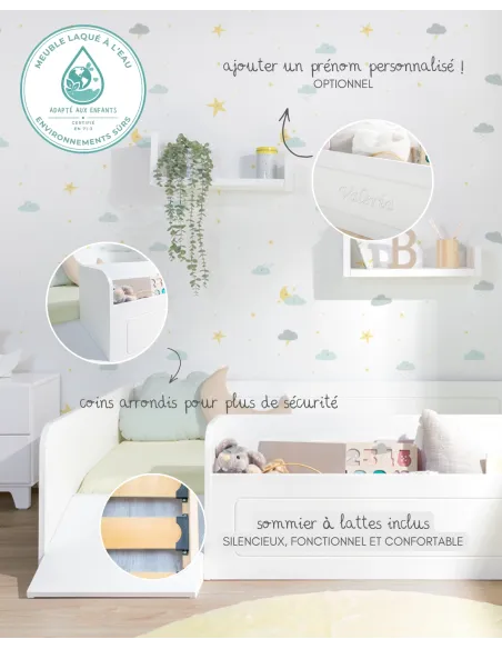 Lit montessori avec rangement et rampe - Livraison rapide
