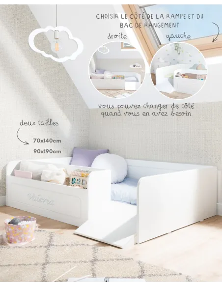 Lit montessori avec rangement et rampe - Livraison rapide