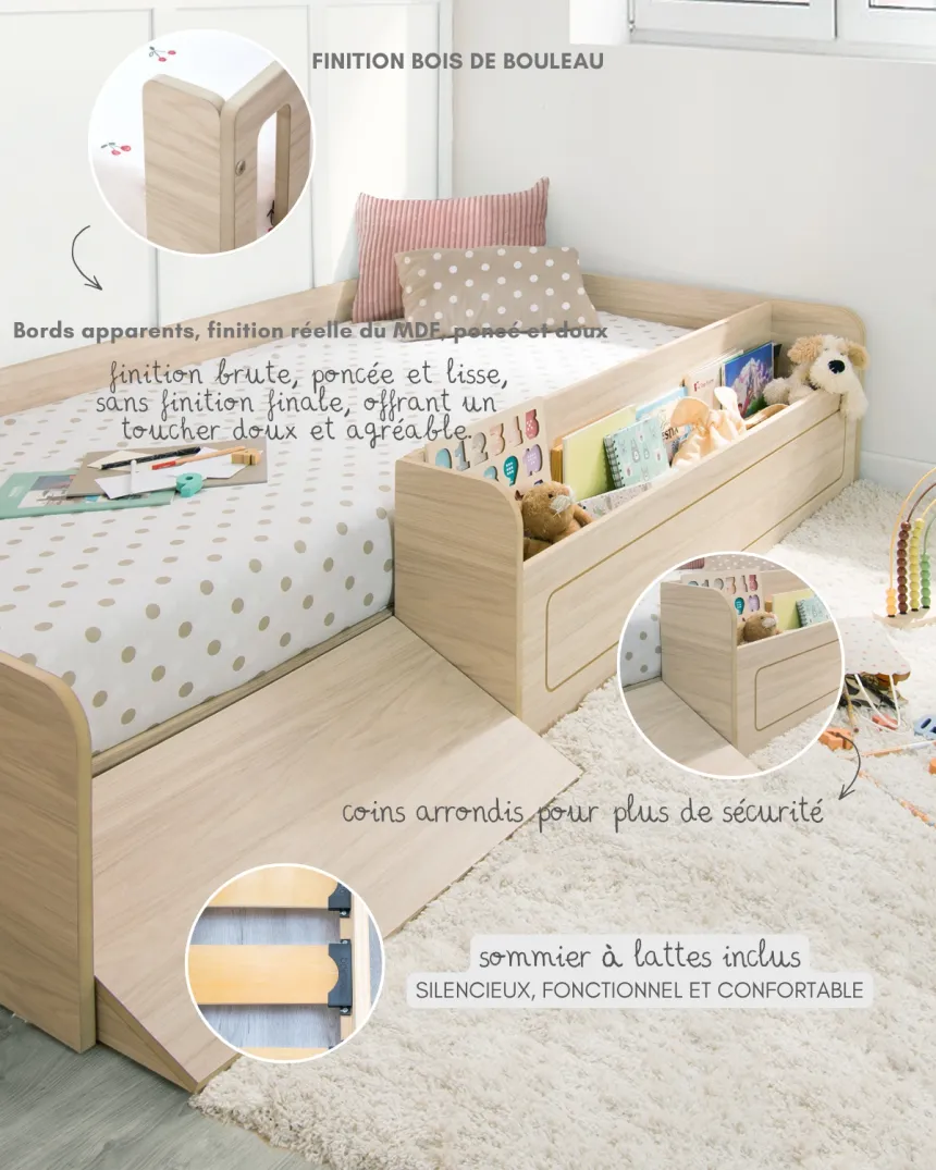 Lit montessori bois avec rangement et rampe | Livraison rapide