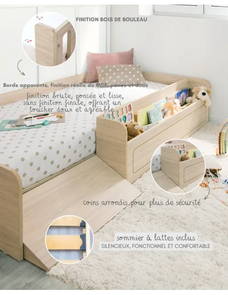 Lit montessori bois avec rangement et rampe | Livraison rapide
