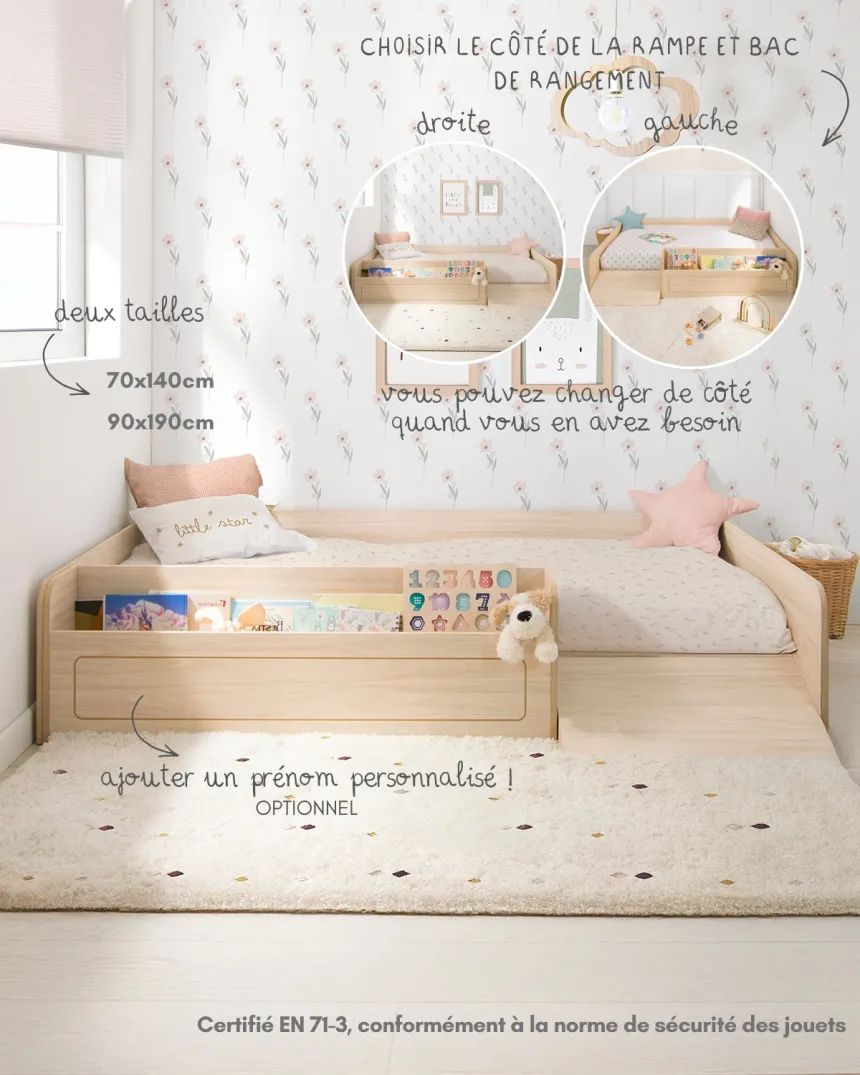 Lit bas avec rangement et rampe Basique