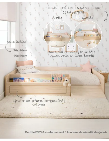Lit bas avec rangement et rampe Basique