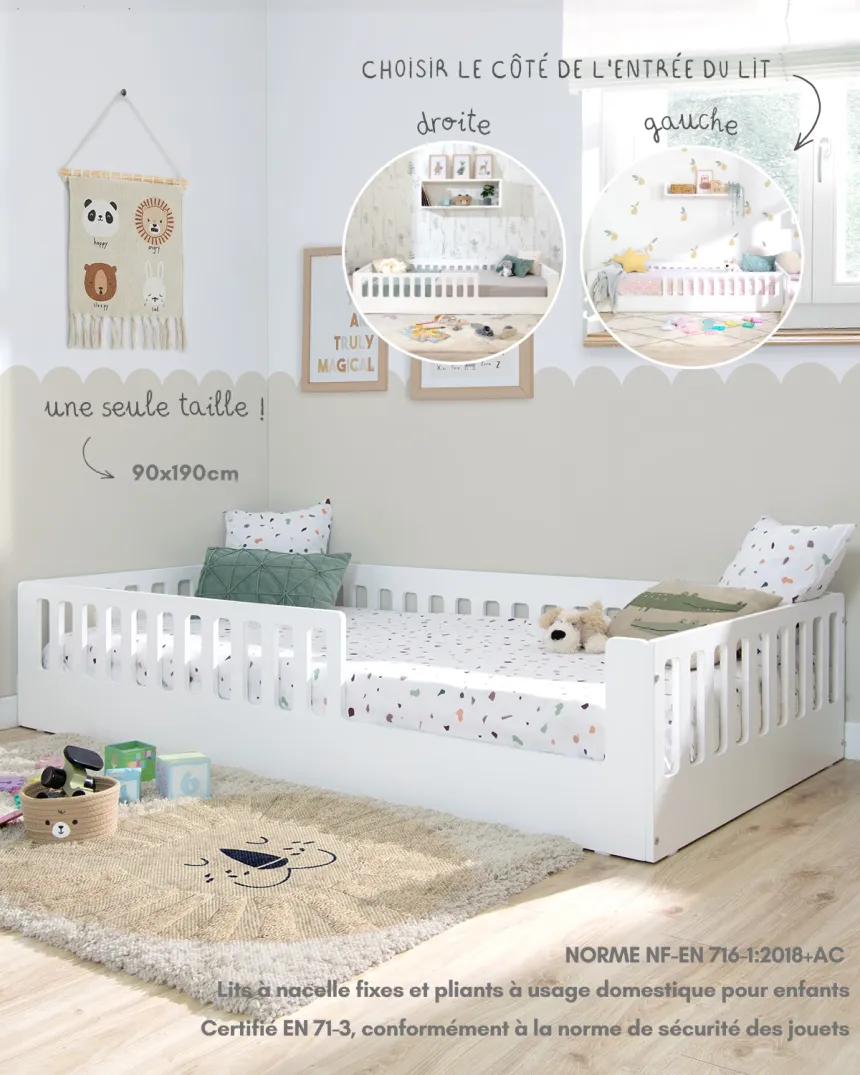 Lit montessori avec barrière CRETA Blanc - Livraison rapide 2