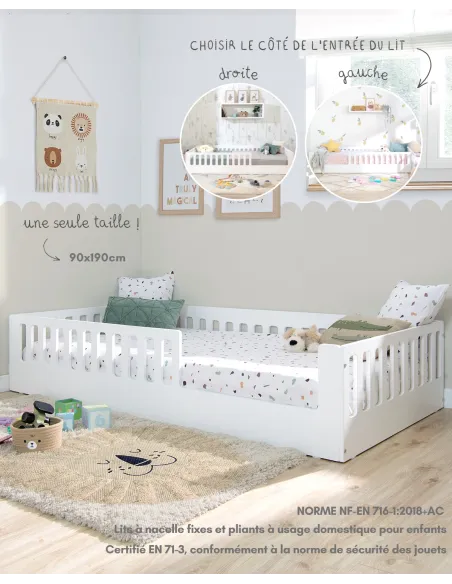 Lit montessori avec barrière CRETA Blanc - Livraison rapide
