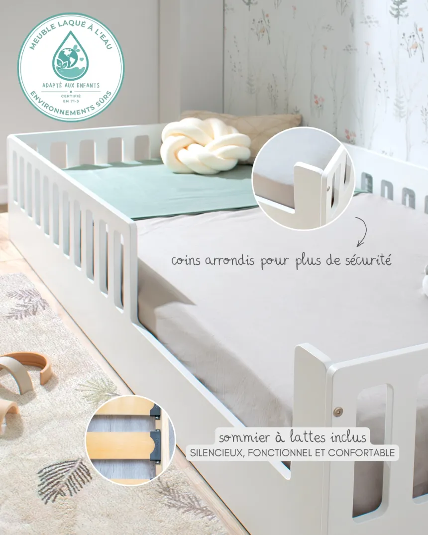 Lit montessori avec barrière CRETA Blanc - Livraison rapide