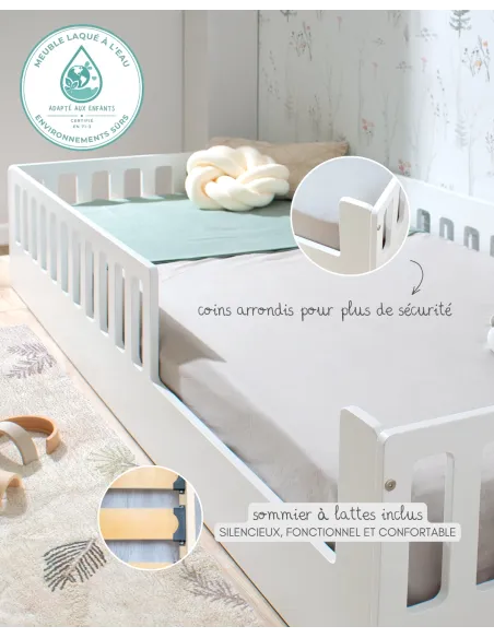 Lit montessori avec barrière CRETA Blanc - Livraison rapide