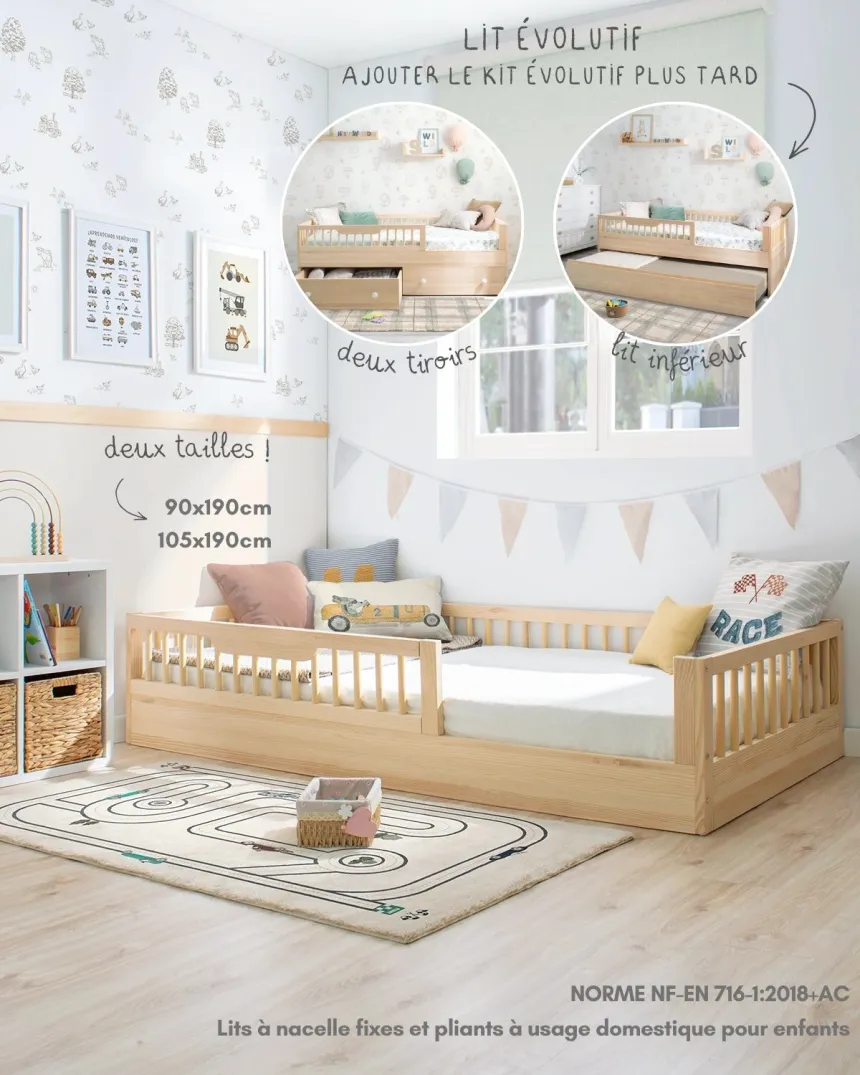 Lit montessori évolutif Sofia Naturel 90x190 cm ou 105x190 cm 2
