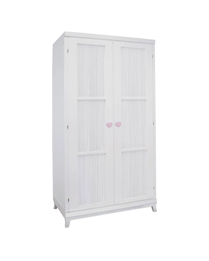 Armoire enfant 2 portes avec rideau, poignée cœur blanc 2