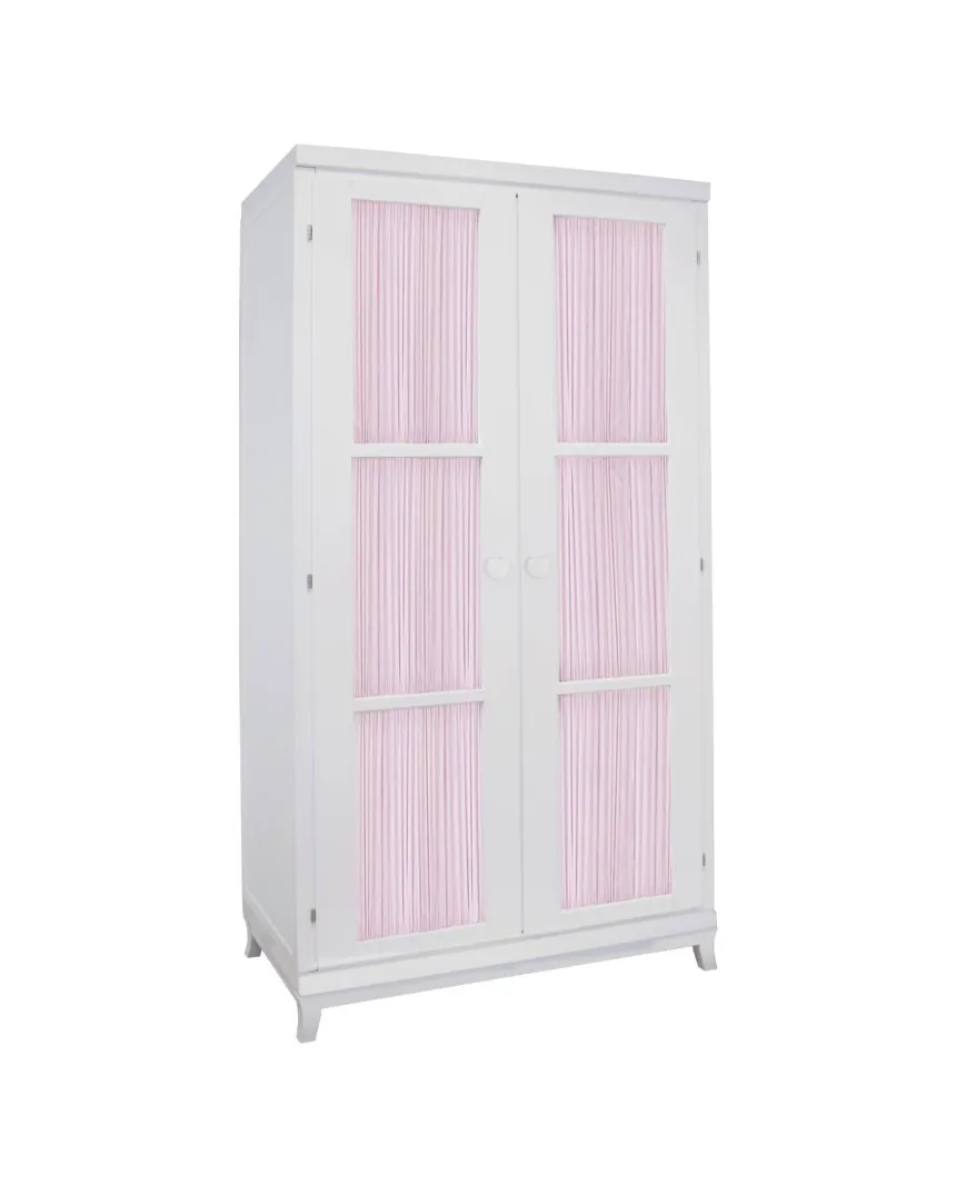 Armoire enfant 2 portes avec rideau, poignée cœur blanc
