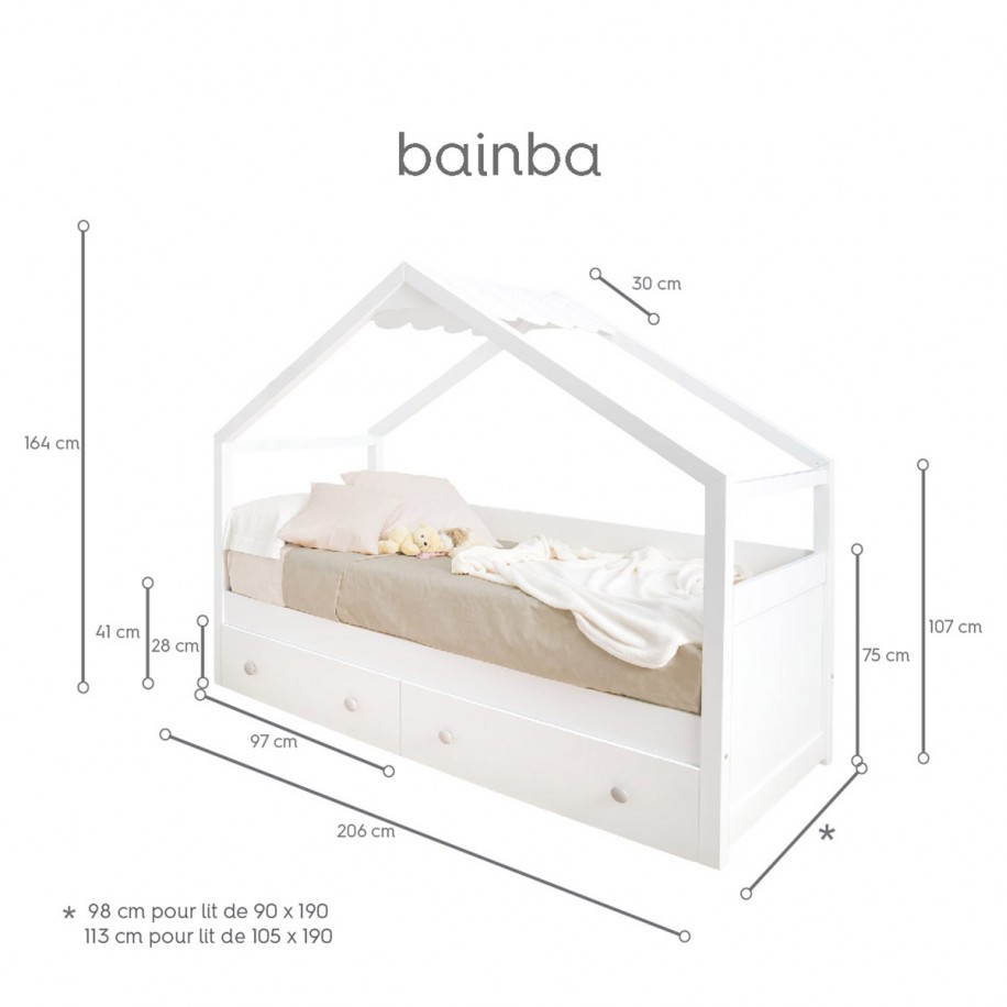 Dimensions du lit Cabane avec rangement blanc chambre garçon