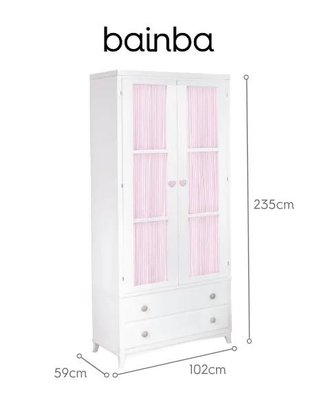 Dimensions Armoire 2 portes avec rideau rose et tiroirs sur pieds