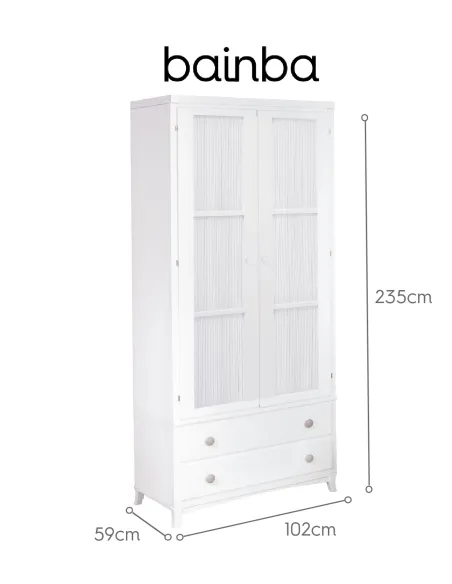 Dimensions Armoire 2 portes avec rideau blanc et tiroirs sur pieds