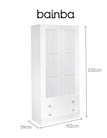 Dimensions Armoire 2 portes avec rideau blanc et tiroirs sur socle
