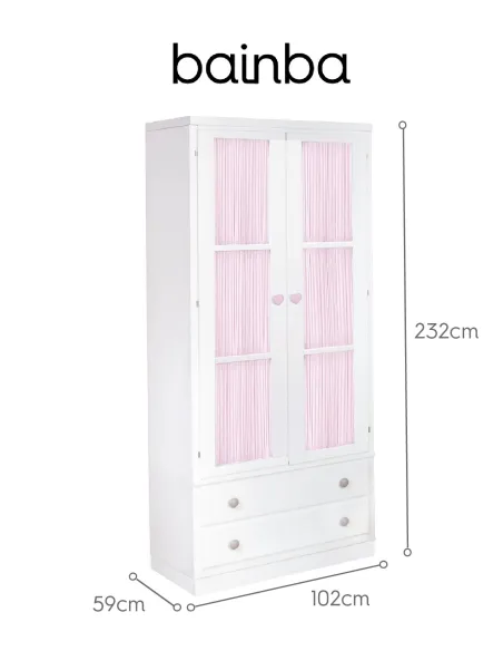 Dimensions Armoire 2 portes avec rideau rose et tiroirs sur socle