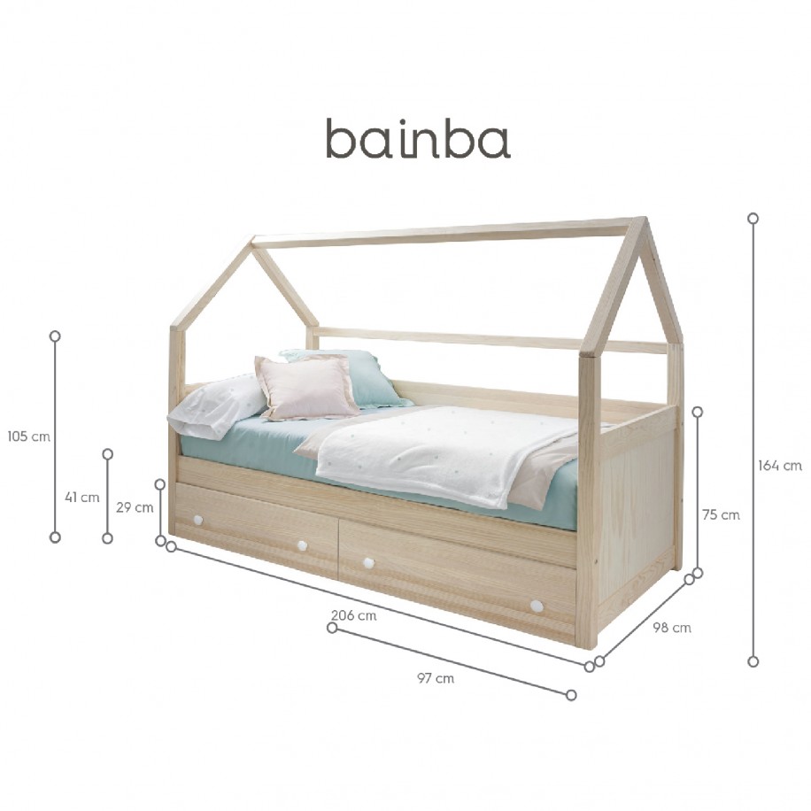 Dimensions du lit Cabane enfant avec rangement en bois naturel