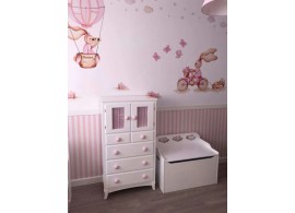 Chiffonnier enfant avec portes + rideaux et coffre à jouets Nuages